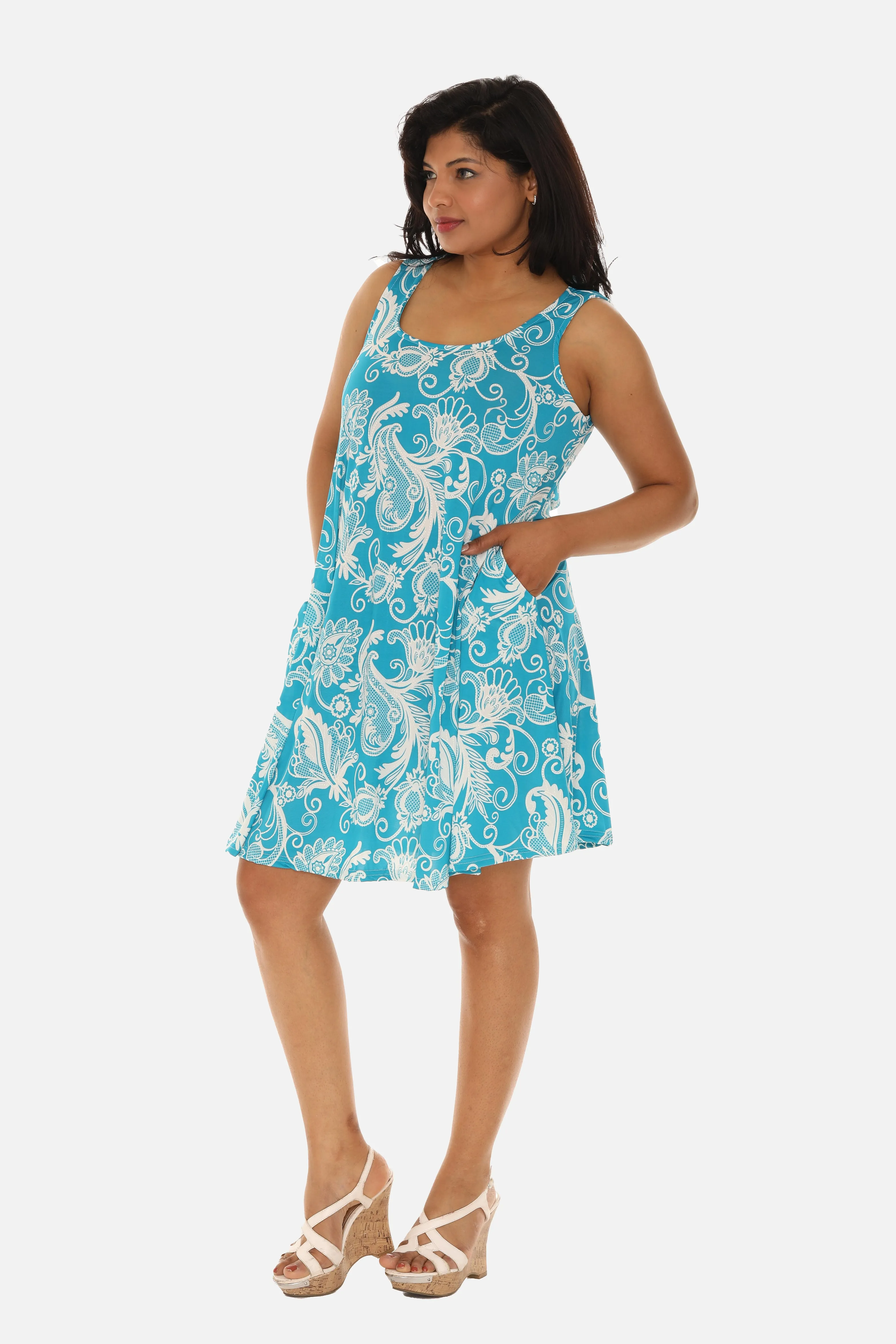 Floral Paisley Sleeveless Shift Midi Dress For Women
